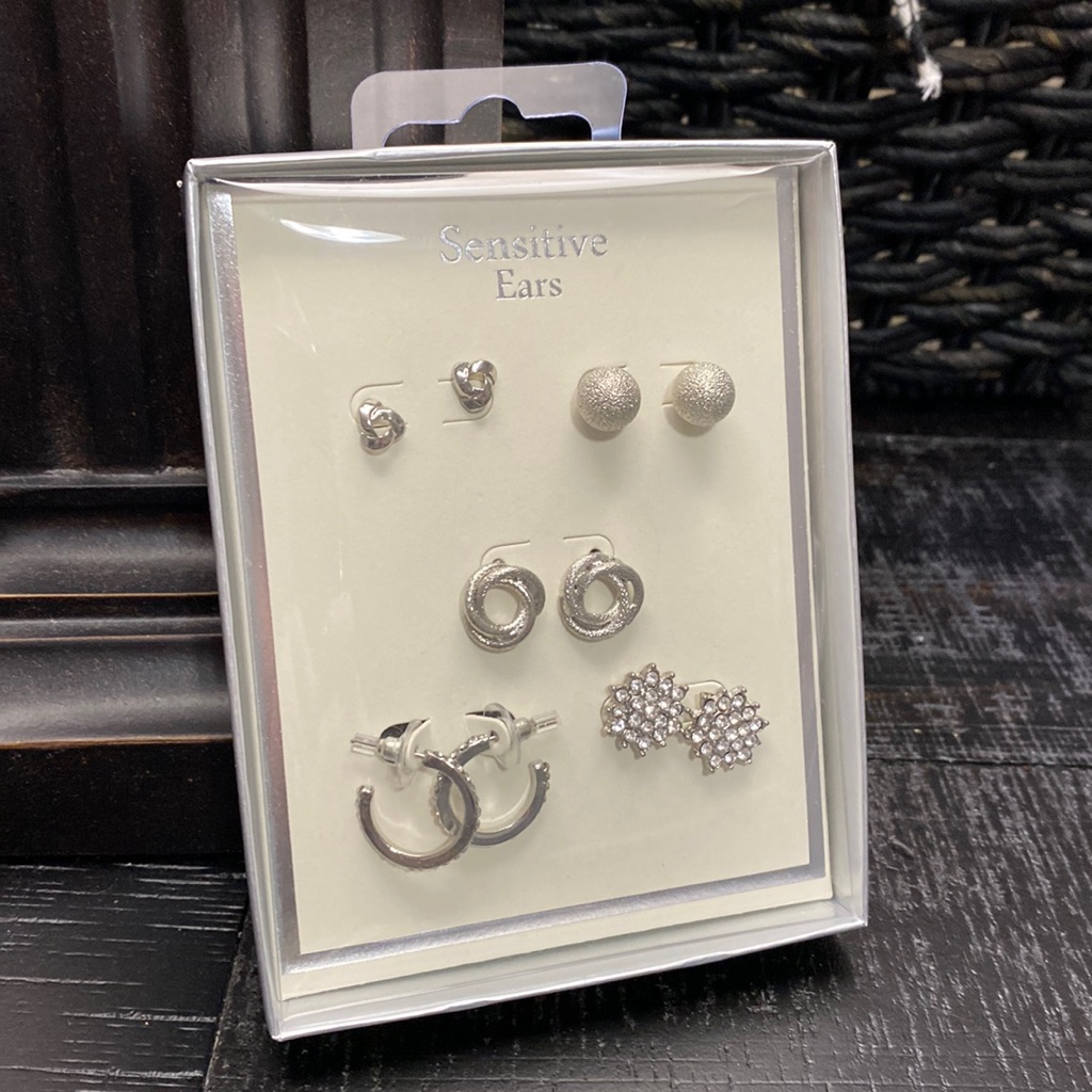 New! Box Set Of 5 Pairs Of Silver Tone Pierced Earring!!